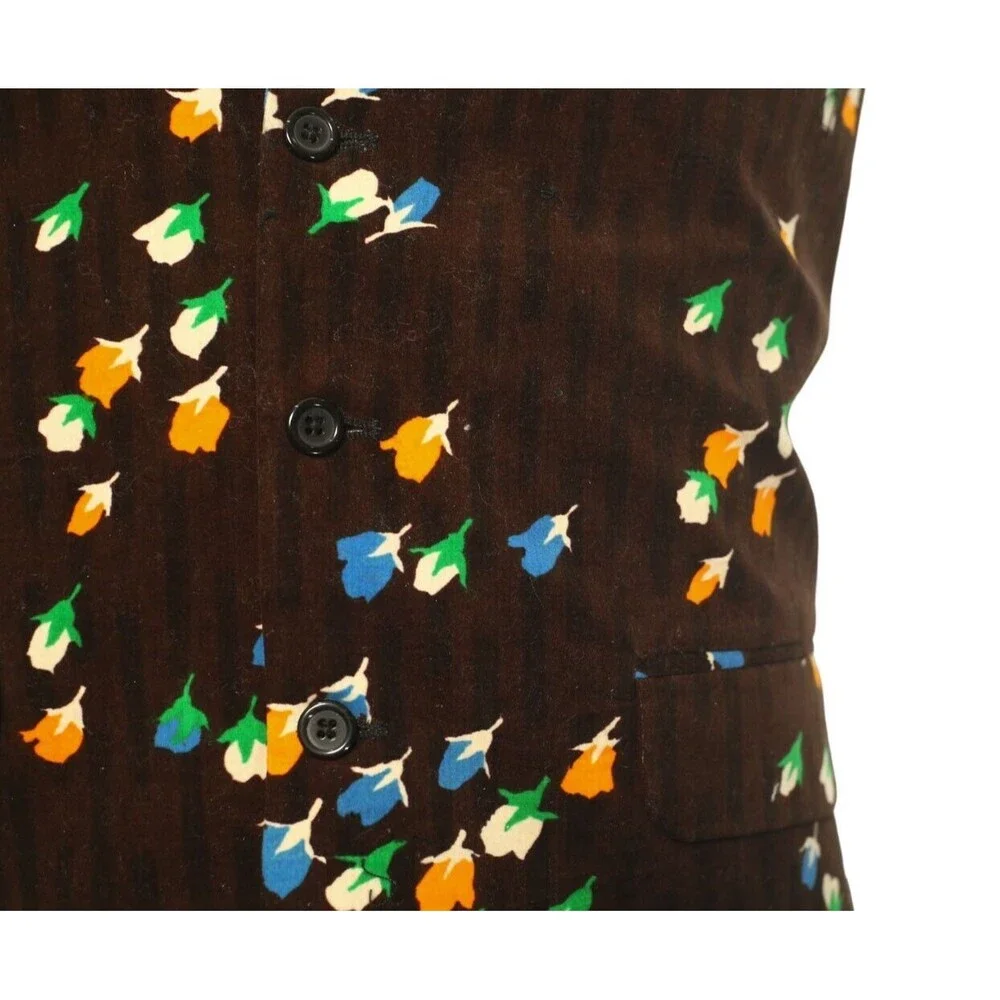 Mens Vest Suit Lapel Brown Orange Blue Floral Velvet Formal Waistcoat XL 46